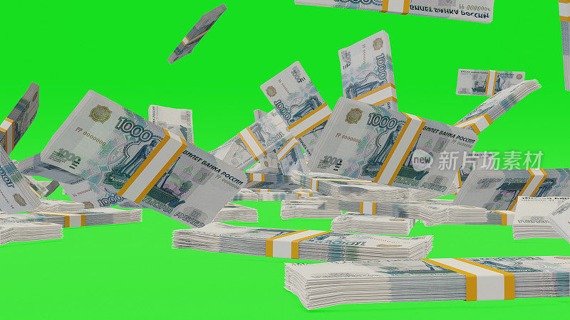 很多钱在chromakey背景。1000卢布钞票。成堆的钱。财务和商业概念。3 d渲染。